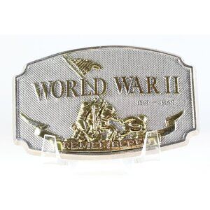 Belt Buckle World War II Remembered American Flag Silver Gold Tone 1990